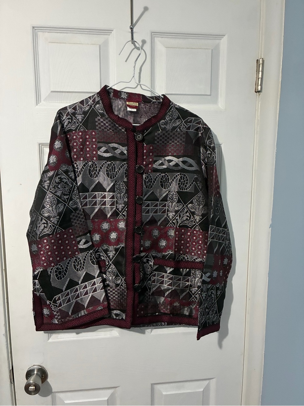Haband Patchwork-Pattern Women's Blazer Jacket in Burgundy and Black